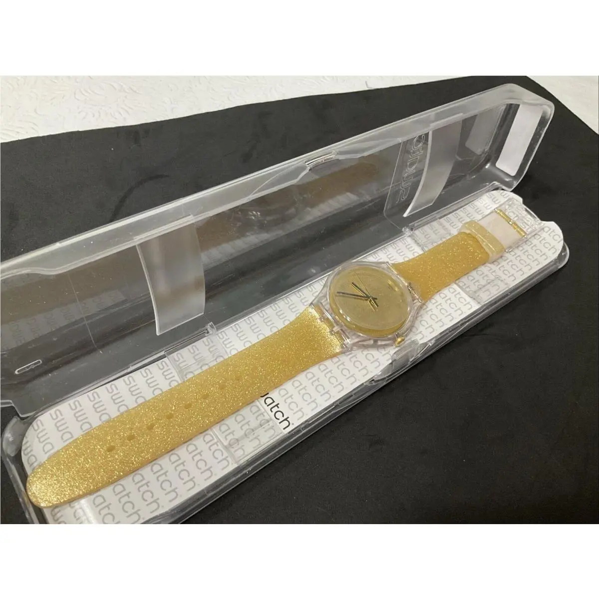 Swatch Originals Nuit Doree Gold Glitter 41mm Clear Watch SUOK122