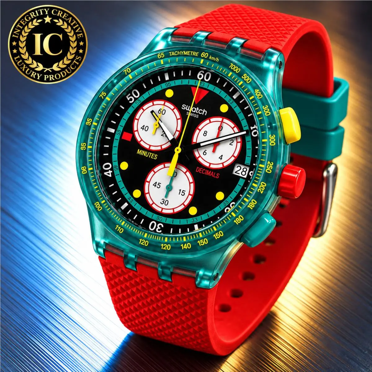 Swatch Neon Emerald Chrono Green Red Chronograph Quartz Black Dial Unisex Watch