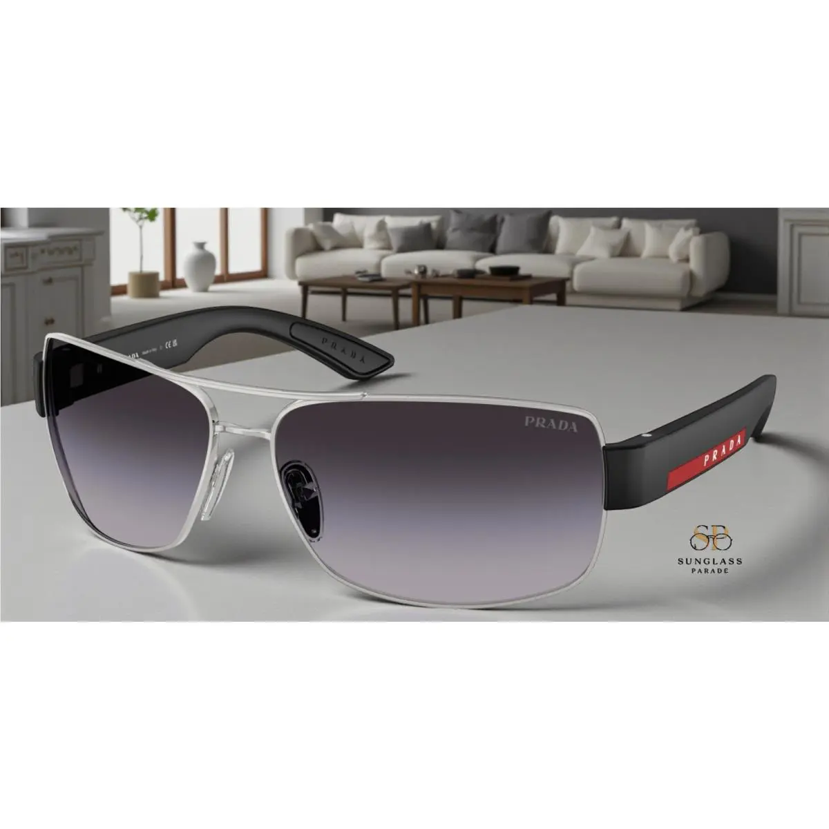 Prada Linea Rossa PS B52S 1BC09U Silver Grey Gradient 65 mm Men`s Sunglasses