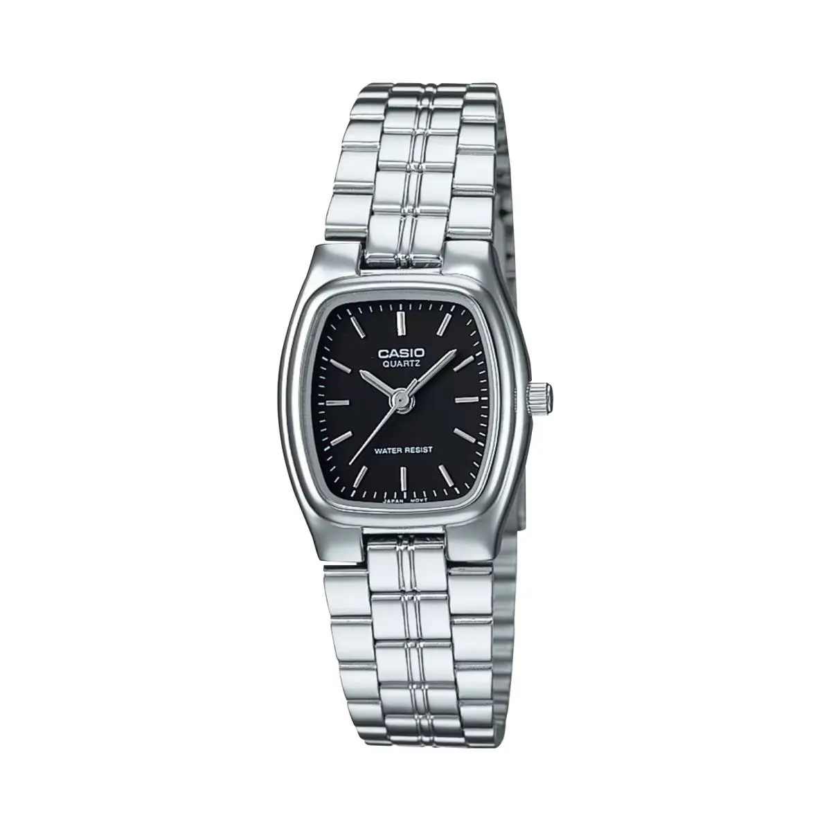 Casio Women s Black Dial Rectangular Analog Watch with Steel Bracelet