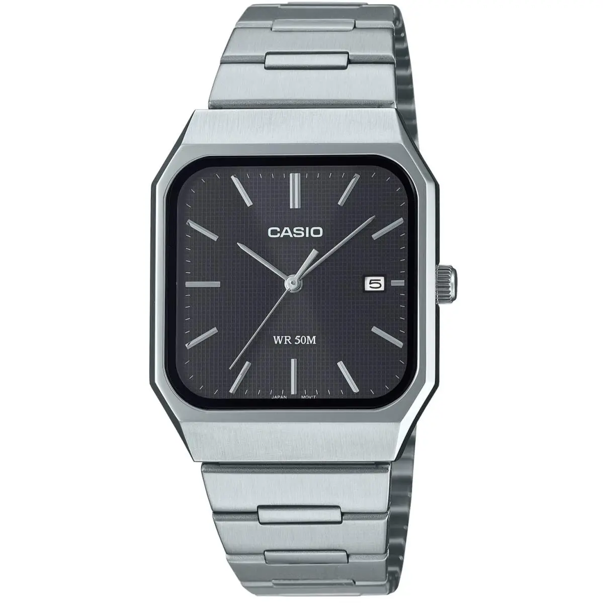 Casio Square Stainless Steel Watch Mineral Glass Date 50M WR Retro MTP-B185D-1AV