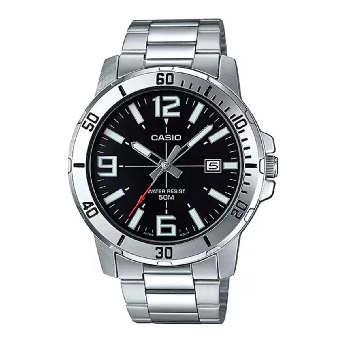 Casio Men’s Black Dial Analog Watch Steel Bracelet - MTP-VD01D-1BVUDF - Silver, Dial: Black, Band: Silver