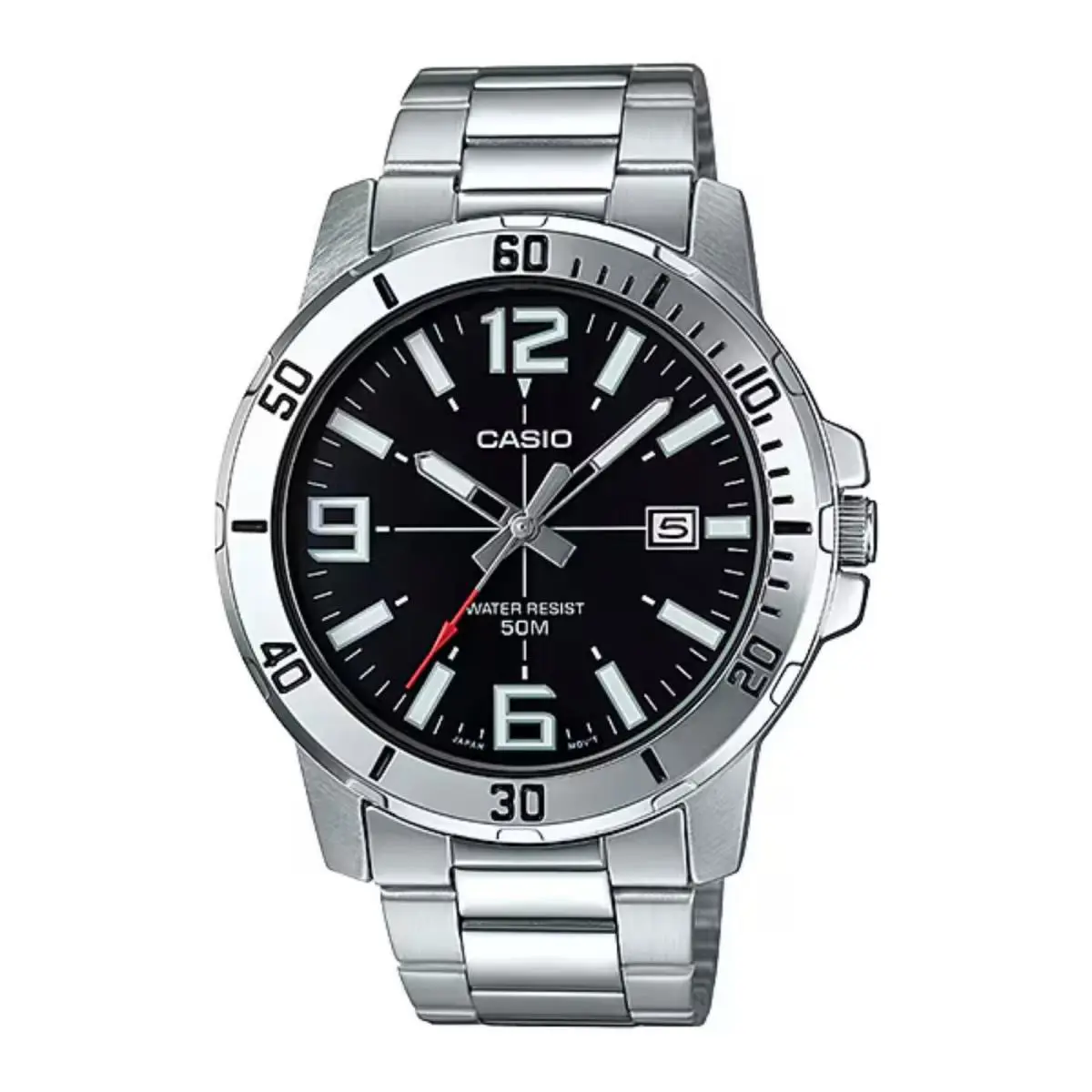 Casio Men`s Enticer Stainless Steel Black Dial Casual Analog Sporty Watch Silver - Dial: Black, Band: Silver