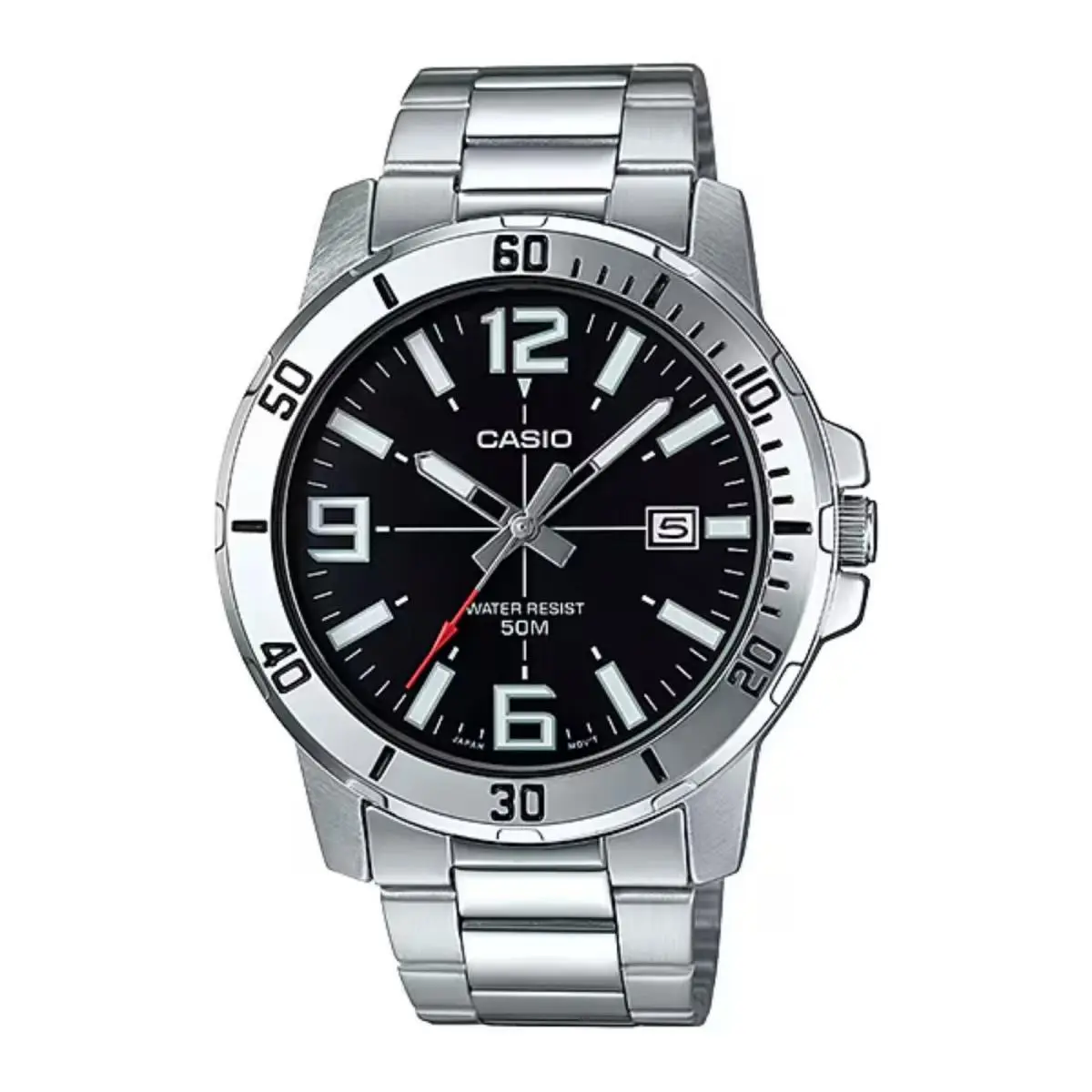 Casio Men’s Black Dial Analog Watch Steel Bracelet - MTP-VD01D-1BVUDF - Silver, Dial: Black, Band: Silver