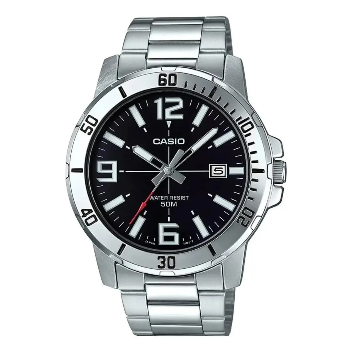 Casio Men`s Quartz Stainless Steel Watch - MTP-VD01D-1BVUDF - Dial: Black, Band: Silver
