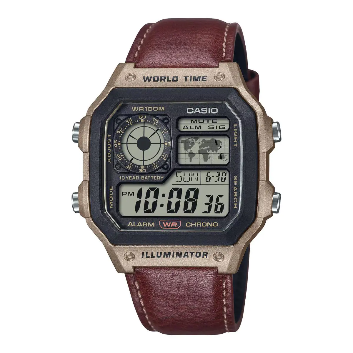 Casio AE-1200WHL-5AV AE-1200WHL-5A Leather Band Metallic Digital Watch