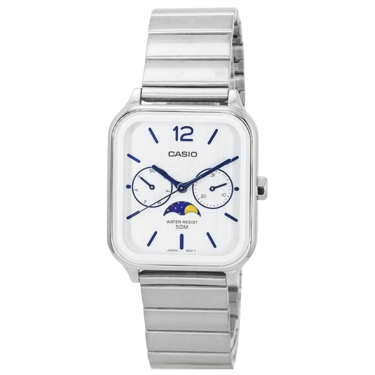 Casio Standard Analog Moon Phase Silver Dial Quartz MTP-M305D-7A Men`s Watch - Dial: Silver, Band: Silver, Bezel: No Bezel