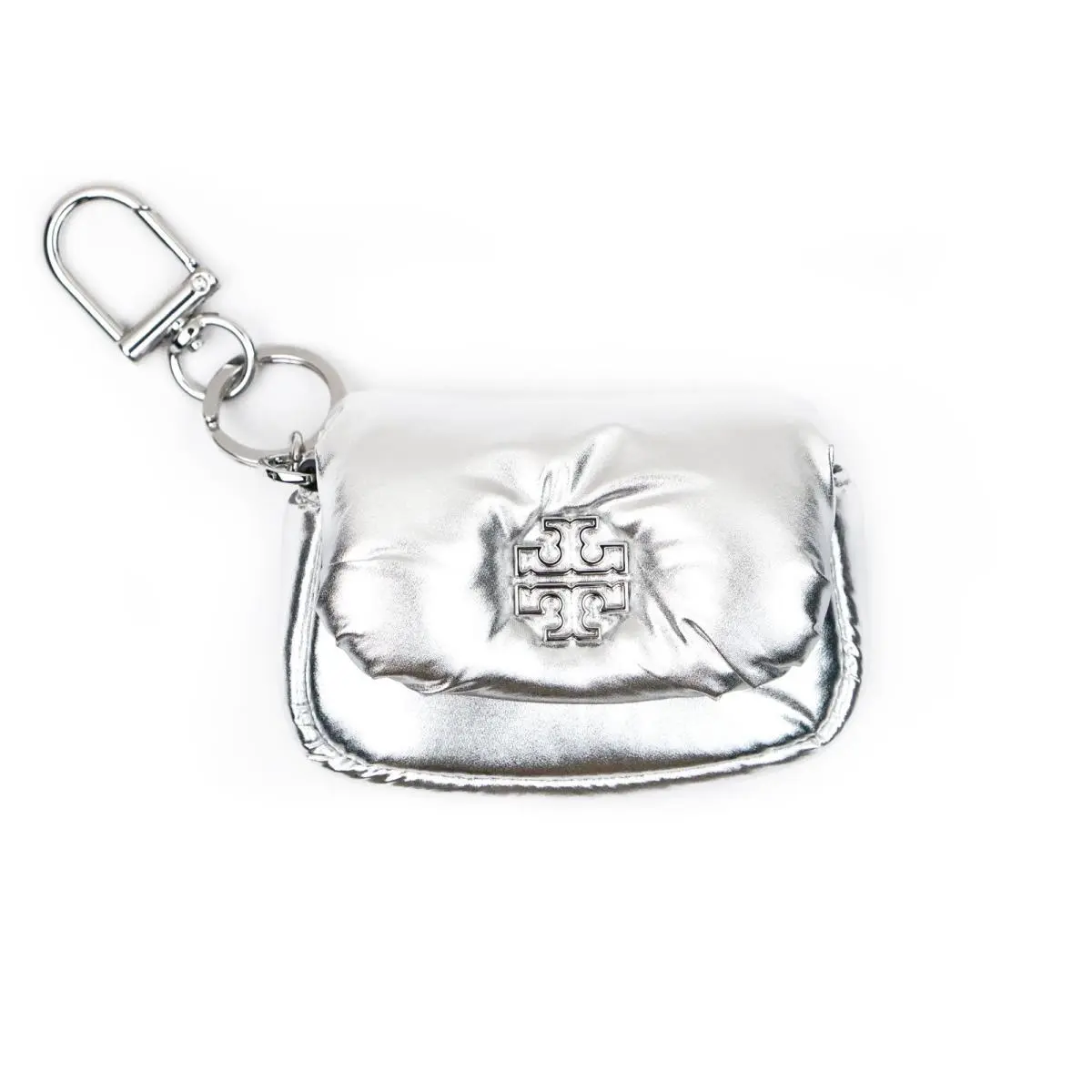 Tory Burch Britten Silver Metallic Puffy Card Case Coin Wallet Pouch 164598