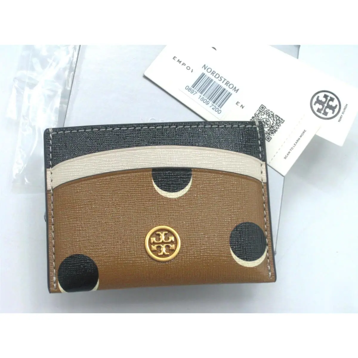 Tory Burch Robinson Dotted Leather Card Case in Taupe Loop Dot w/ Gift Box
