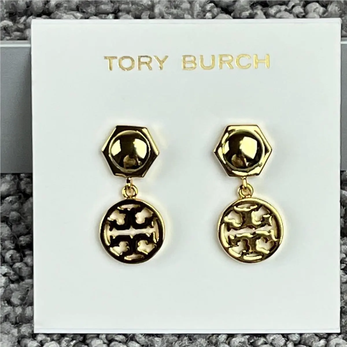 Tory Burch Gold Logo Dangle Drop Earrings Stud Hexagon Womens Jewelry Statement