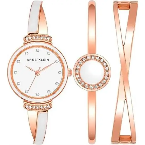 Anne Klein Rose Gold-tone White X-shaped Bangle Crystal Accent Set Ladies Watch