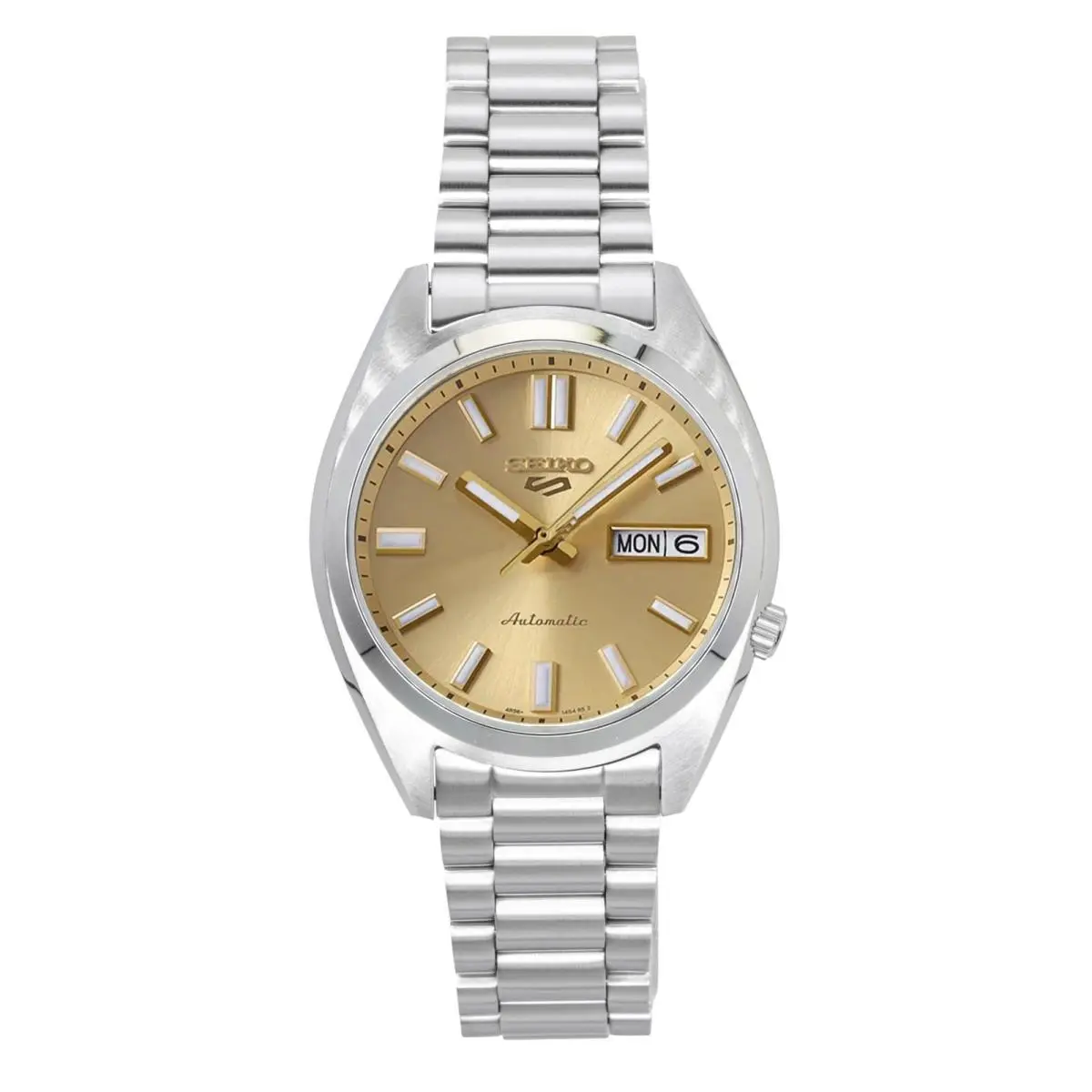 Seiko 5 Sports Snxs Stainless Steel Gold Dial Automatic SRPL59K1 Men`s Watch - Dial: Gold, Band: Silver, Bezel: Silver