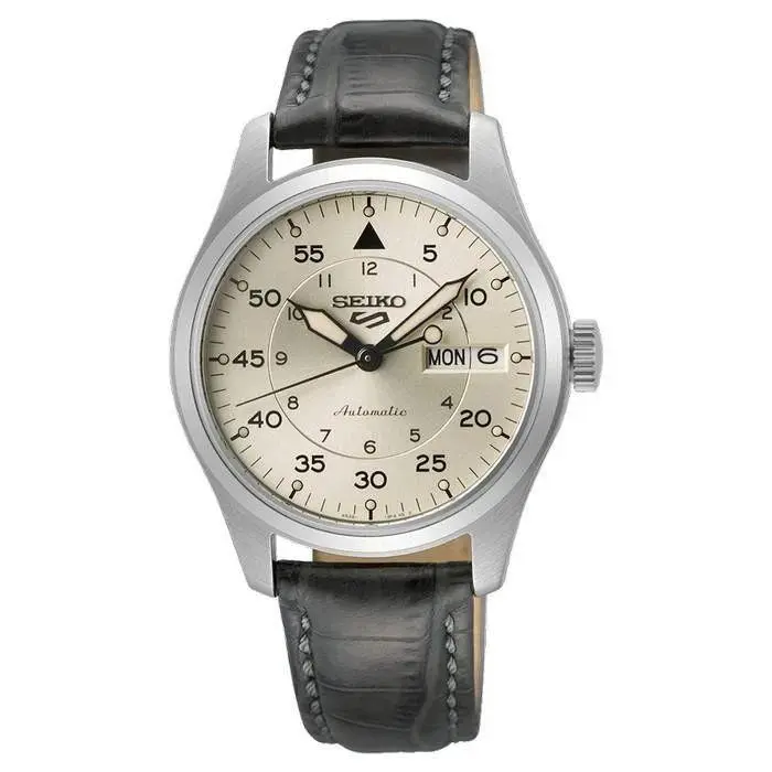 Seiko 5 Sports Gmt Automatic Champagne Dial Leather Band Unisex Watch SRPJ87 - Dial: Silver, Band: Gray, Bezel: Silver