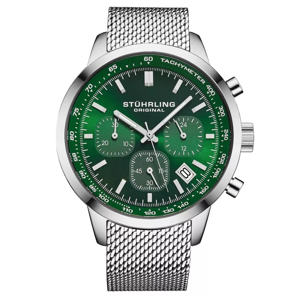 Stuhrling 4082 4 Chronoport Quartz Date Chronograph Green Dial Mesh Mens Watch