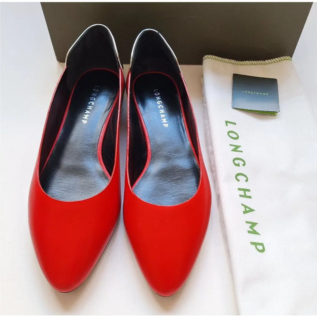 Bright Red Leather Ballet Flats Red Kiss Silver Heel 39 EU / 9 US by Longchamp