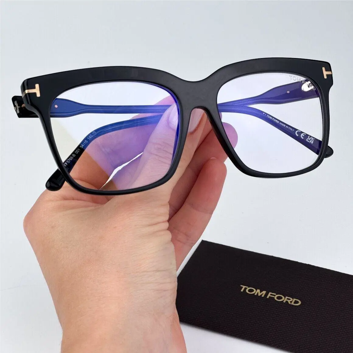 Tom Ford Women Eyeglasses Shiny Black Blue Block Square FT5768-B 001