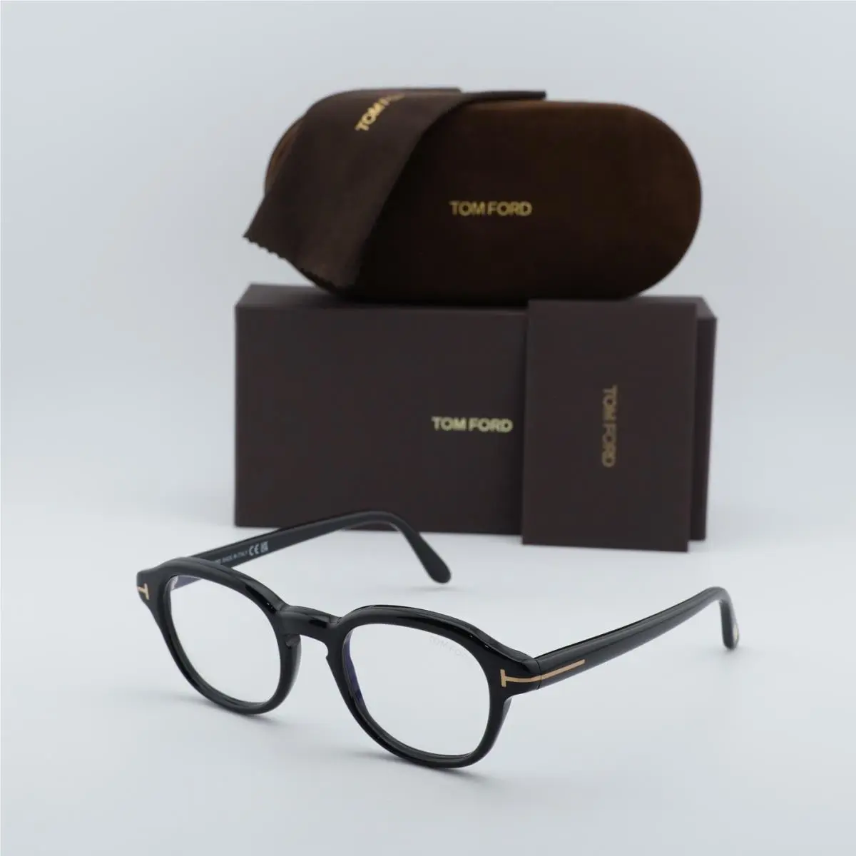 Tom Ford Men`s Round Blue Block 49mm Eyeglasses Frames Shiny Black FT5871-B-001