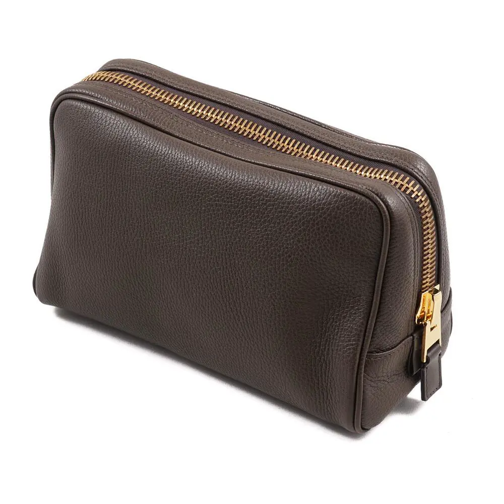 Tom Ford Olive Brown Pebble Grained Leather Single Zip Toiletry Bag