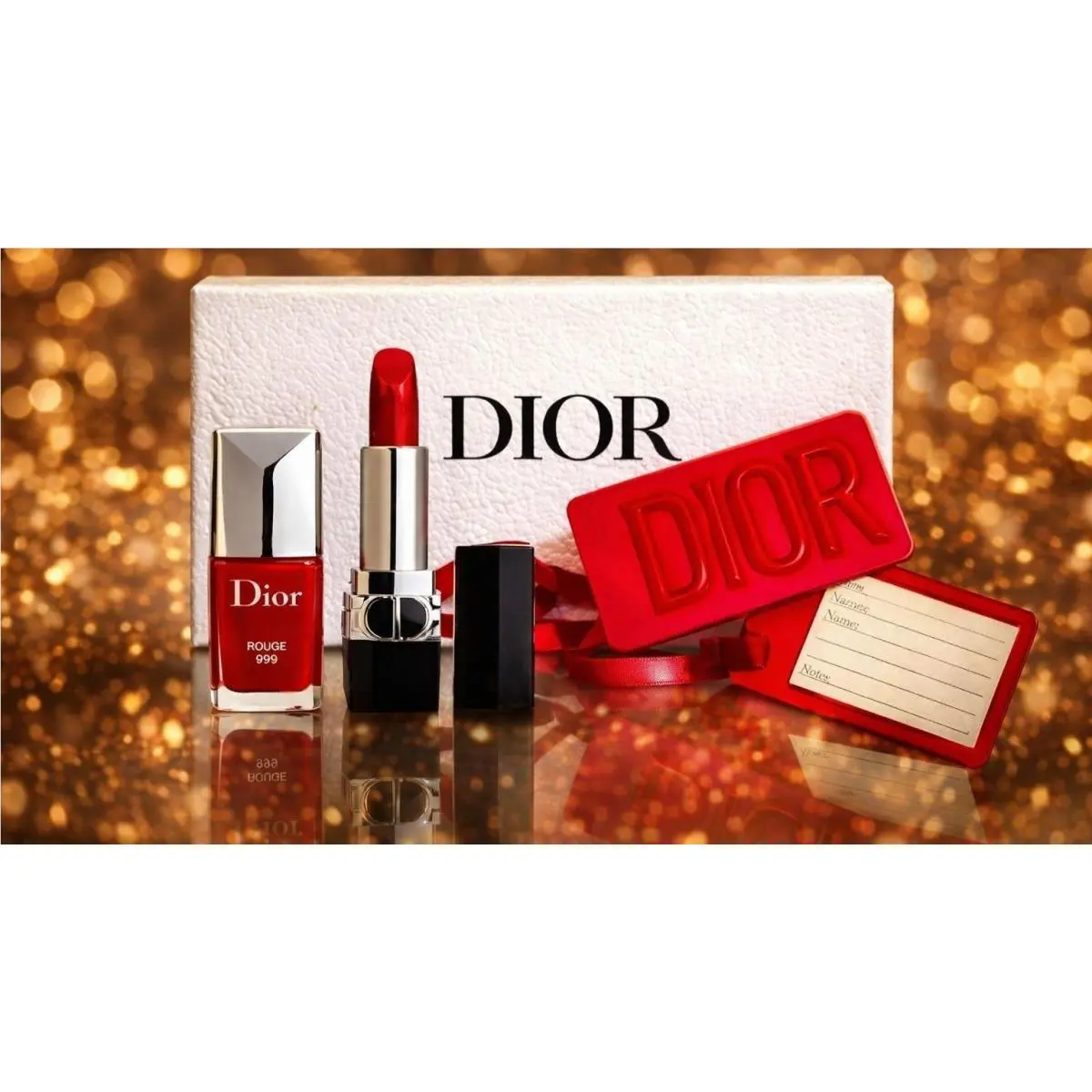 Dior Rouge 999 Red Lipstick Nail Polish Luggage Tag Gift Set Limited Edition