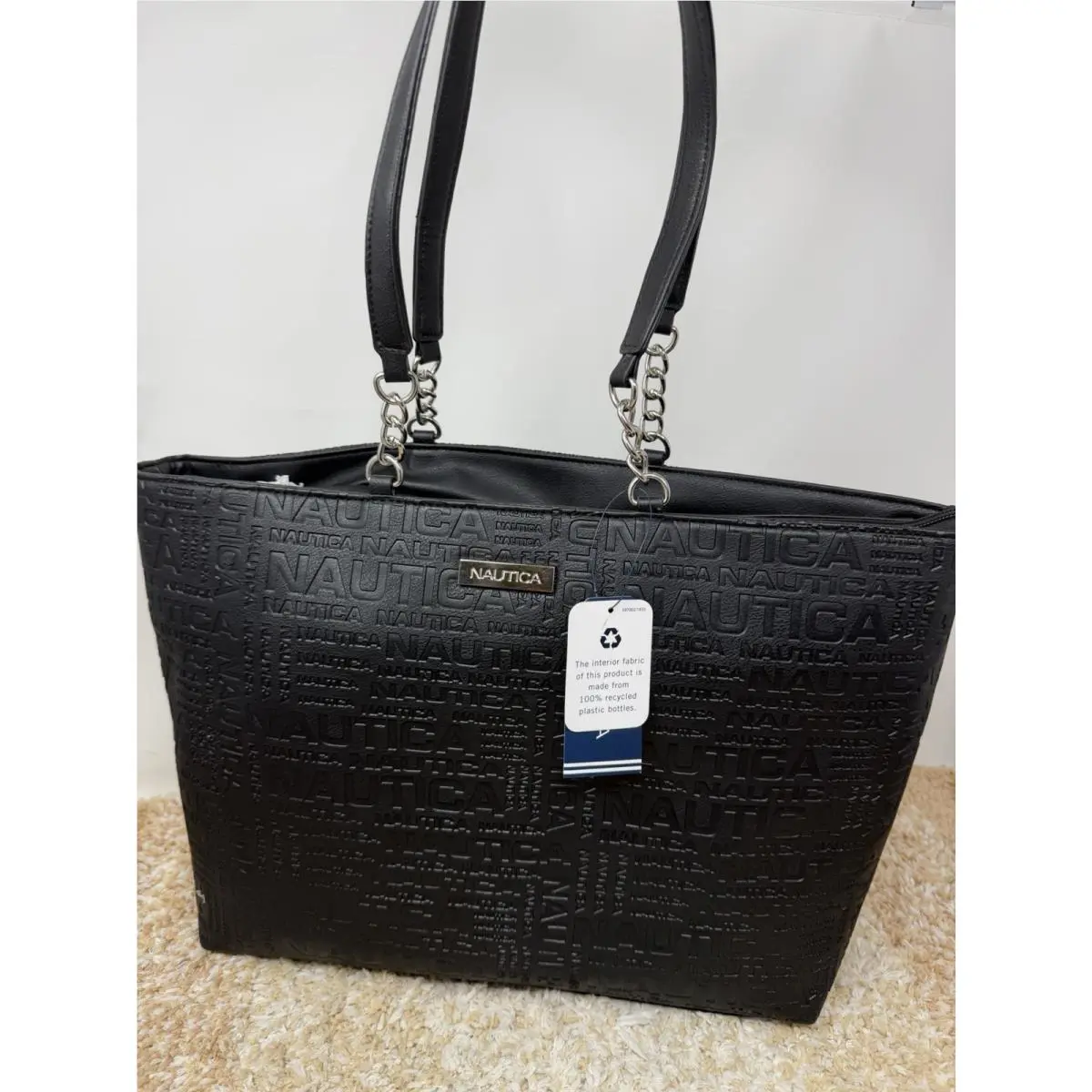 Nautica Black Embossed All Over Logo Large Tote Bag Purse