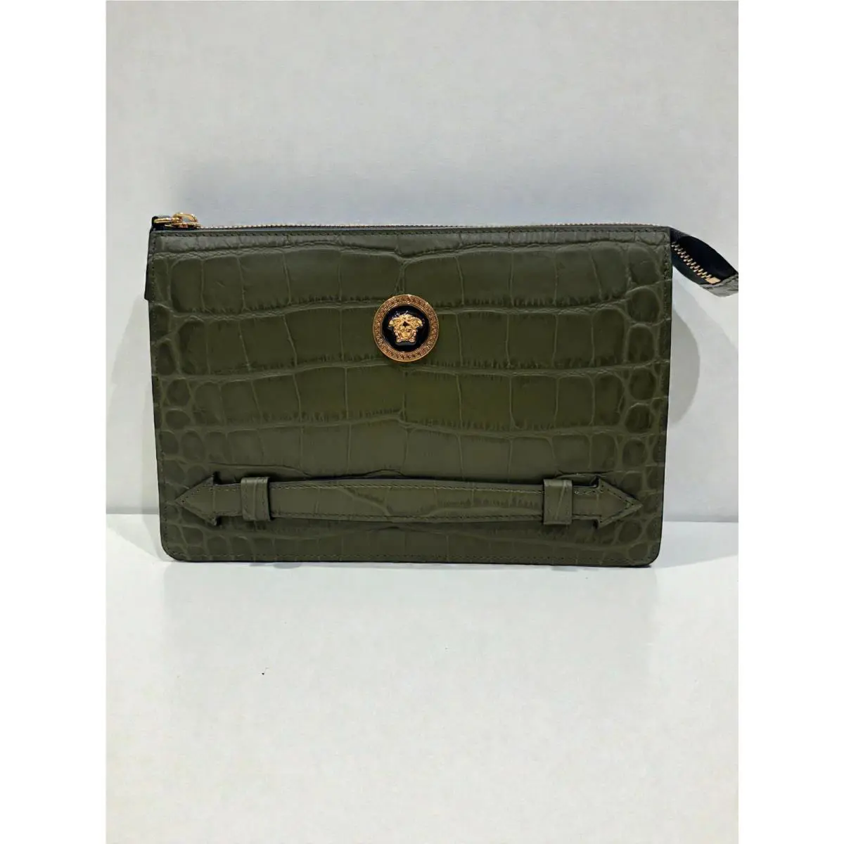 Versace Medusa Croc Embossed Leather Clutch Green Gold Hardware