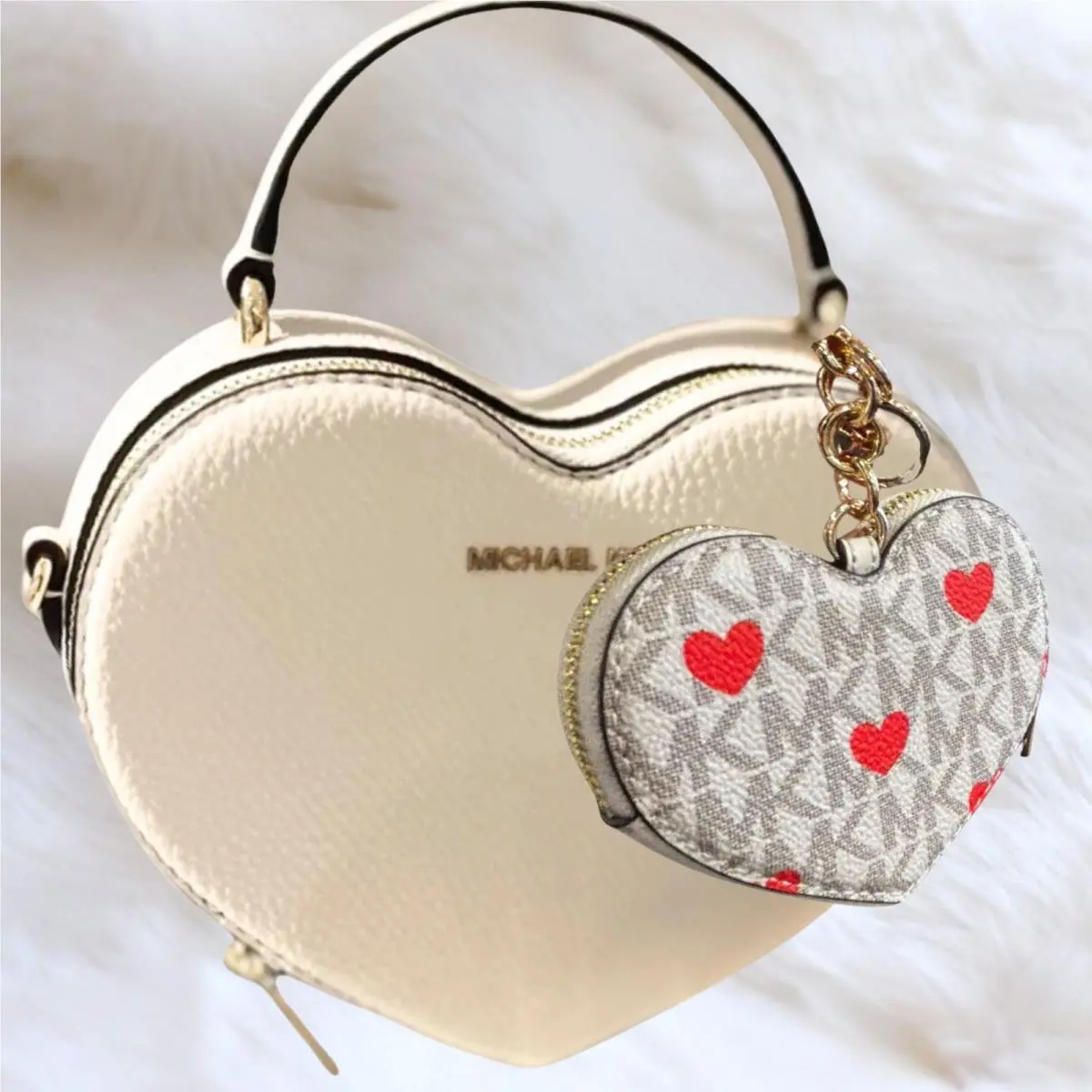 MK Women Small Heart Crossbody Purse Bag + Coin Purse Keychain Fob LIGHT CREAM MULTI by Michael Kors