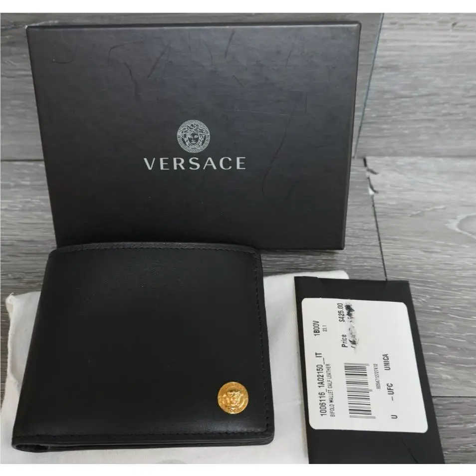Versace Black Calf Leather Bifold Wallet 1006116 Made in Italy