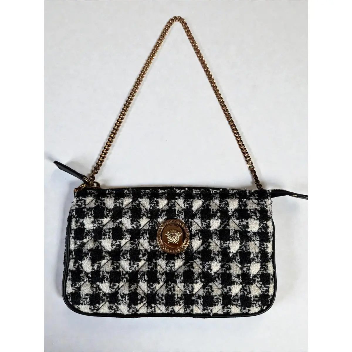 Versace Black and White Quilted Tweed Medusa Mini Shoulder Bag