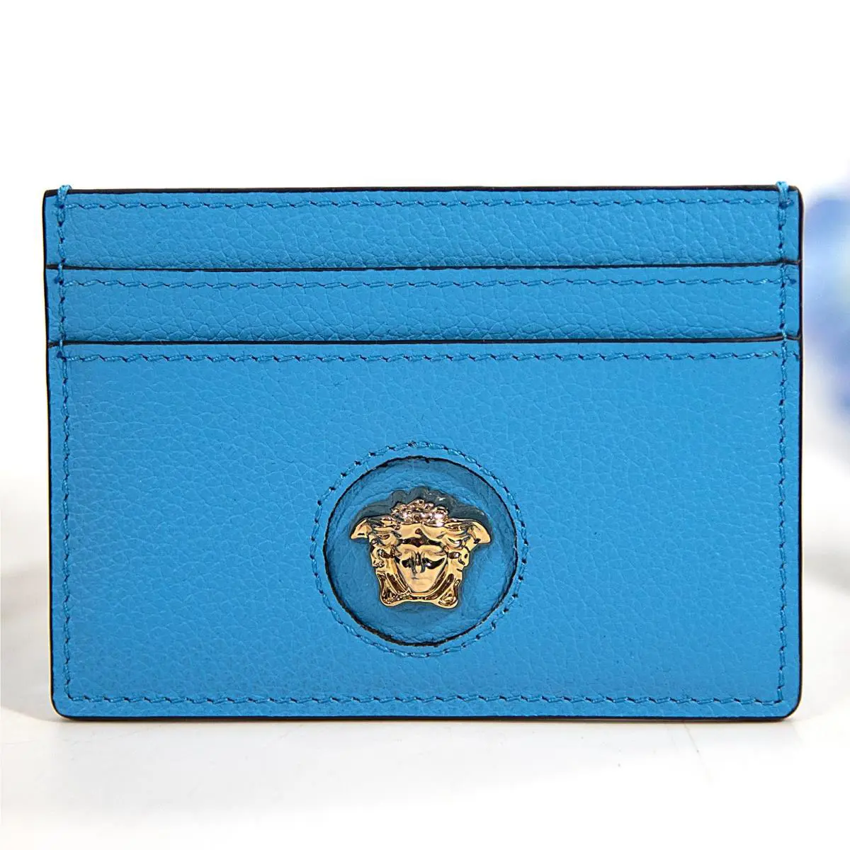 Versace Medusa Head Blue Gold Leather Card Case Holder