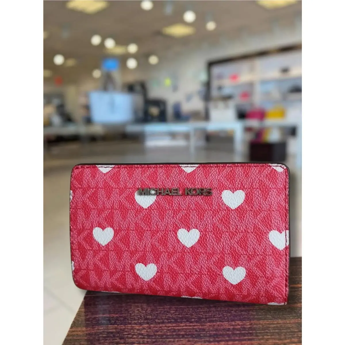 Michael Kors Jet Set Lady Medium Printed MK Logo Bifold Zip Coin Wallet Hibiscus