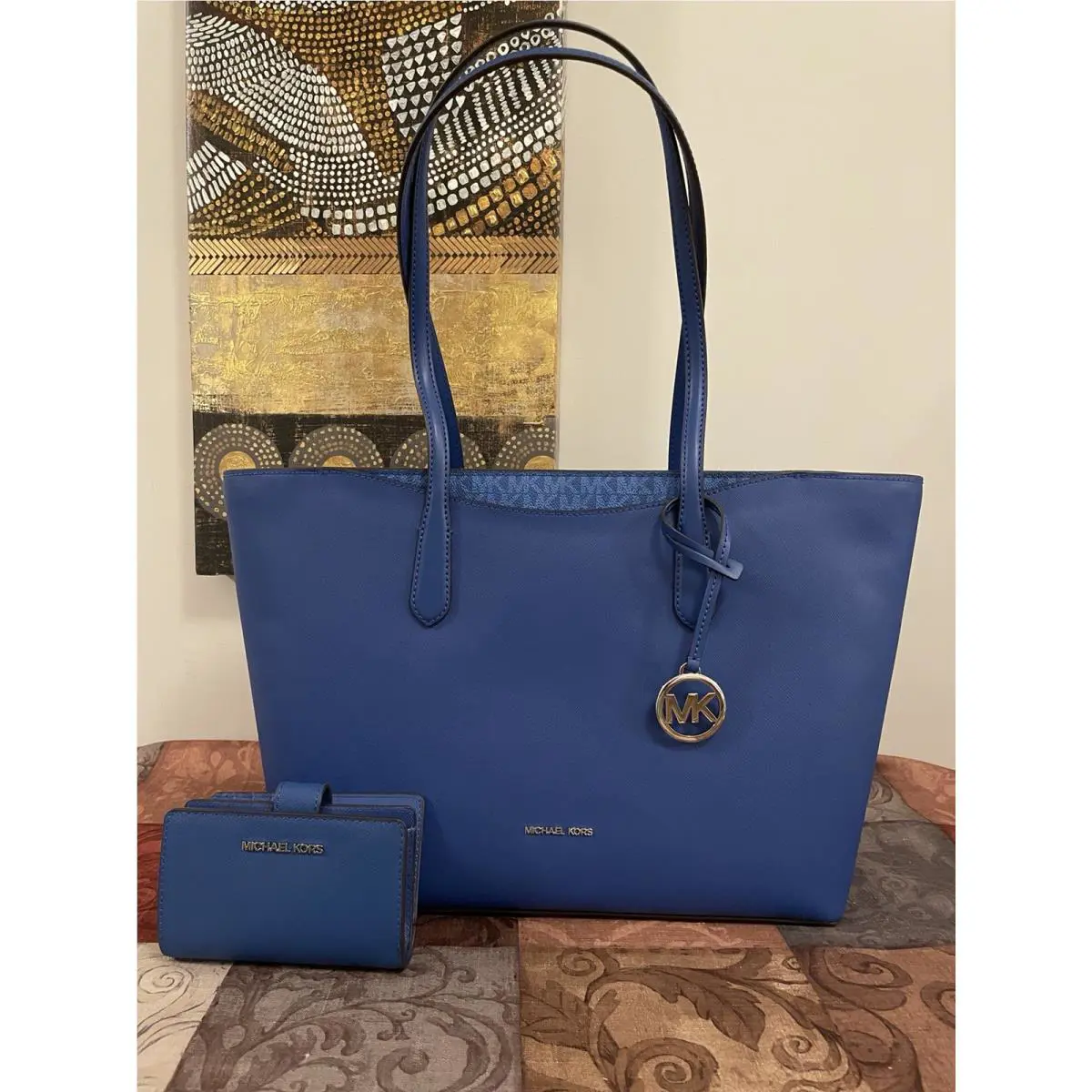 Michael Kors Arden Women Large Top-zip Tote Bag+ Bifold Wallet Set Galaxy Blue