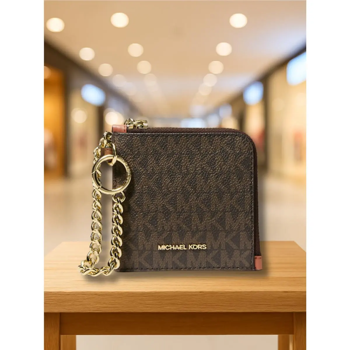 Michael Kors Jet Set Travel Women Medium Logo Chain Zip Around Card Wallet Brown