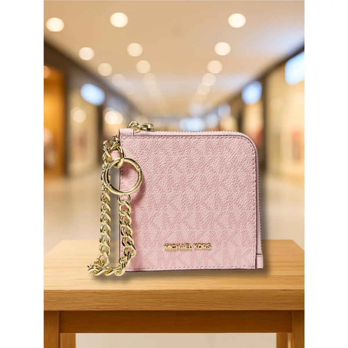 Michael Kors Jet Set Travel Women Logo Chain Zip Around Card Wallet Powder Blush