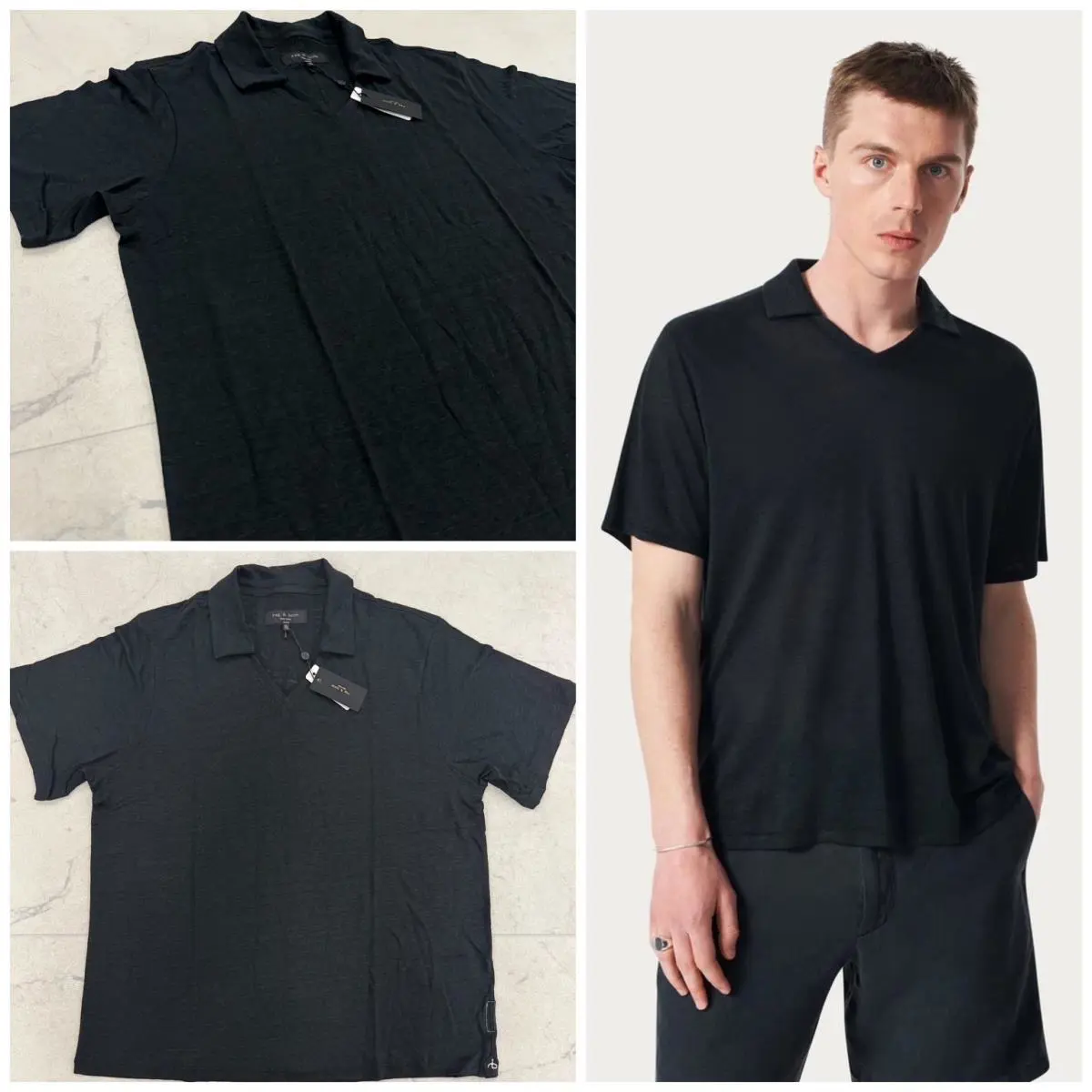 Rag Bone Men`s Classic Linen Johnny Polo In Black Size: Medium