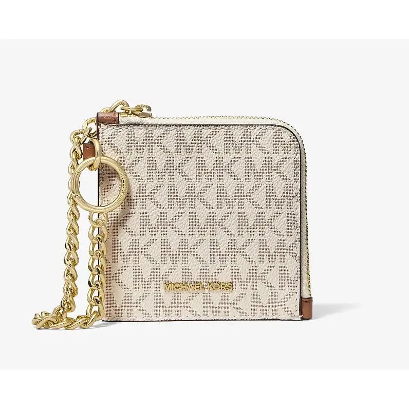 Michael Kors Jet Set Travel Women Medium Logo Chain Zip Card Wallet Vanilla