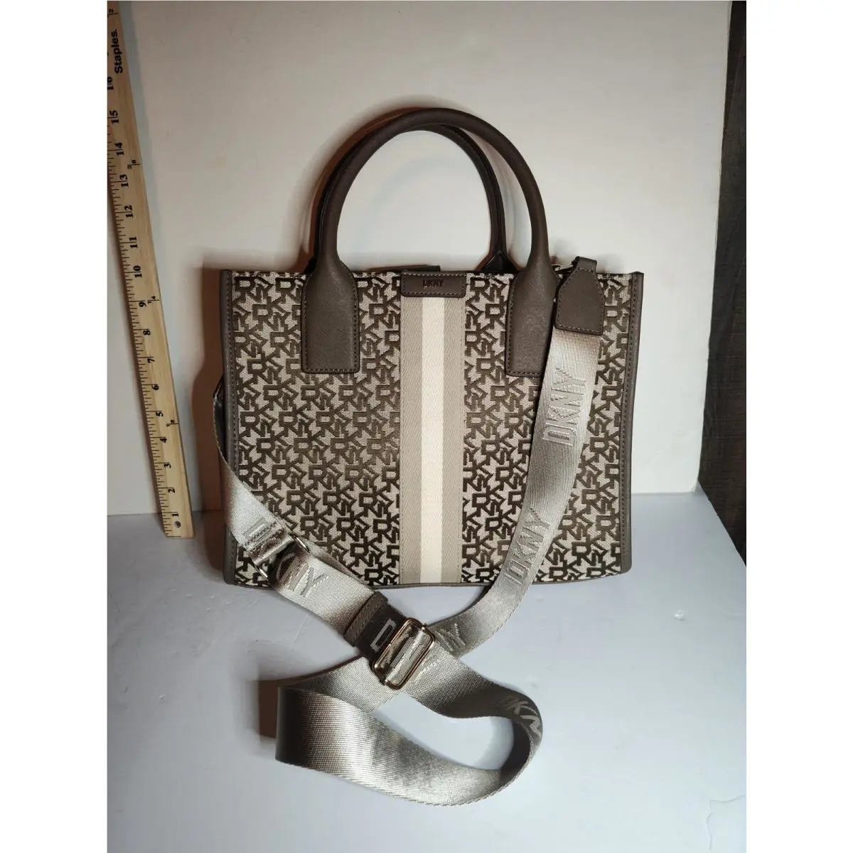 Dkny Signature Stripe Monogram Carlita Jacquard Satchel Taupe/beige Crossbody