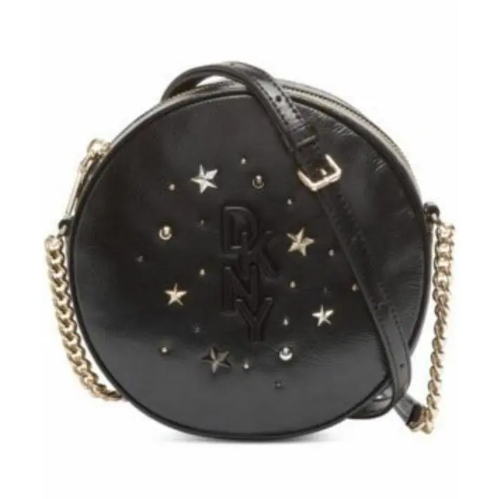 Dkny Crossbody Round Canteen Krescent Black Leather Gold Silver Star Studs