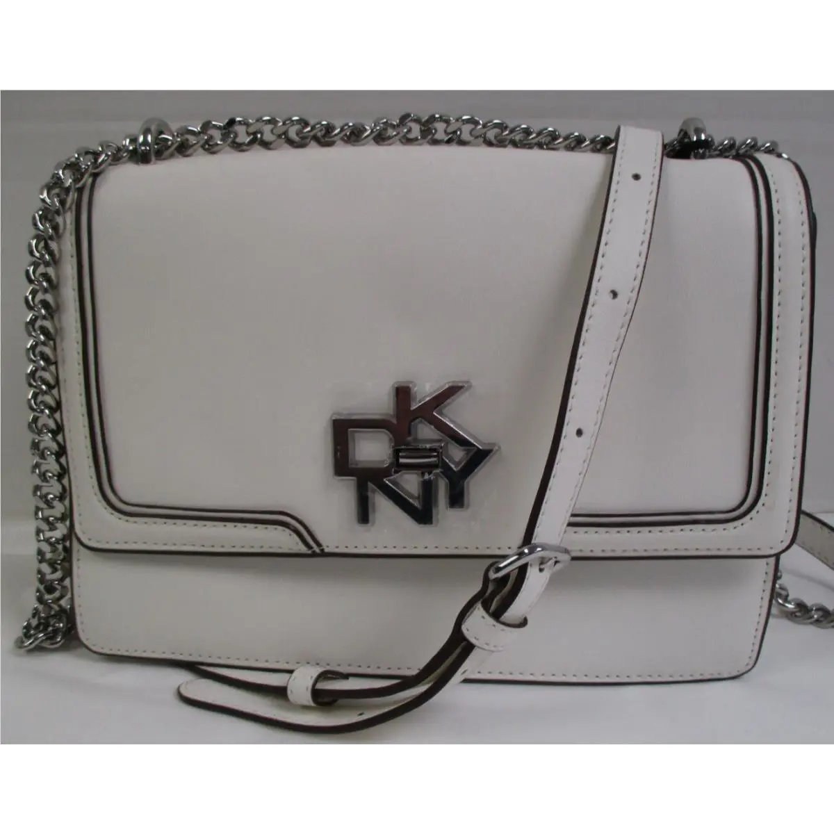 Dkny Shoulder-bag Crossbody White Leather Silver Turnlock Logo Chain Strap
