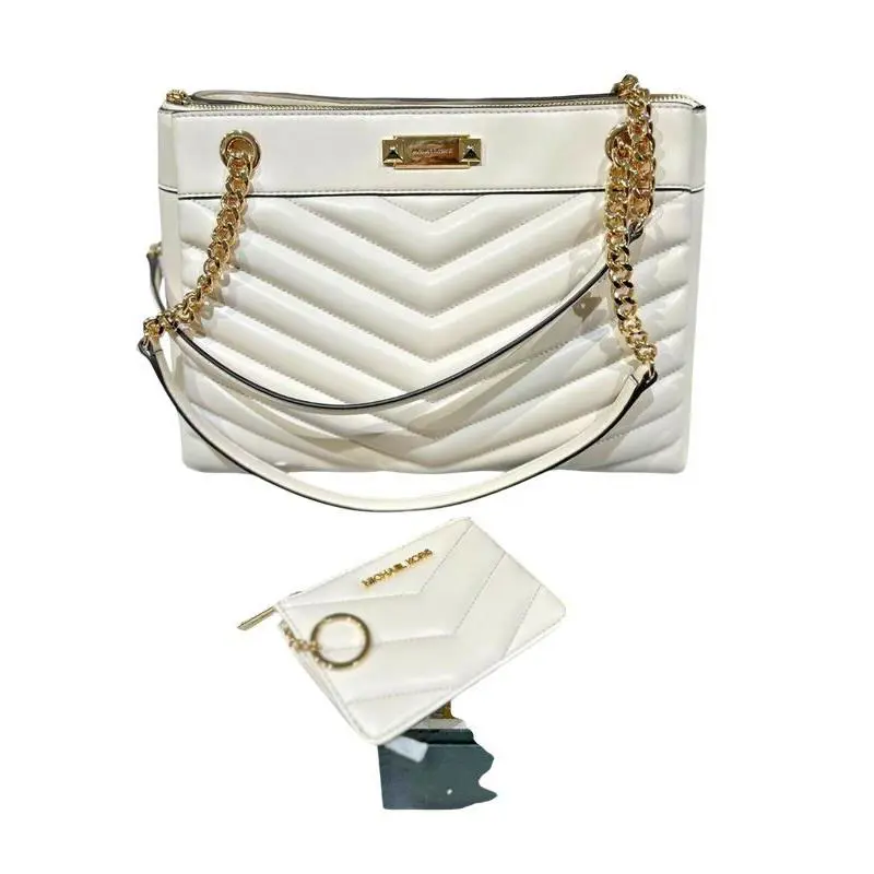 Michael Kors Whitney Medium Chain Strap Tote Bag +coinpouch Wallet Light Cream