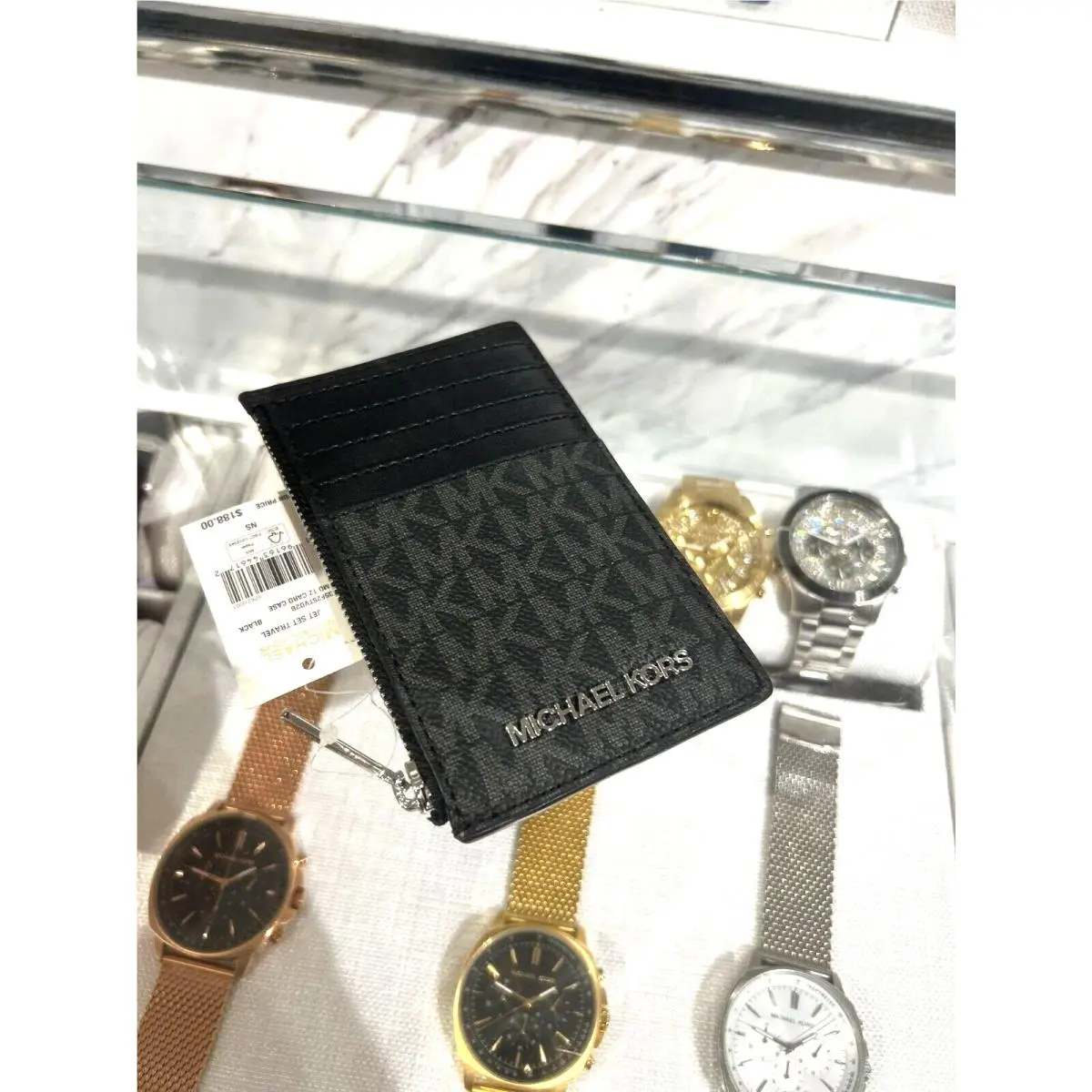 Michael Kors Women Black Card Holder Wallet Fashion Top Zip Card Case Coin Pouch