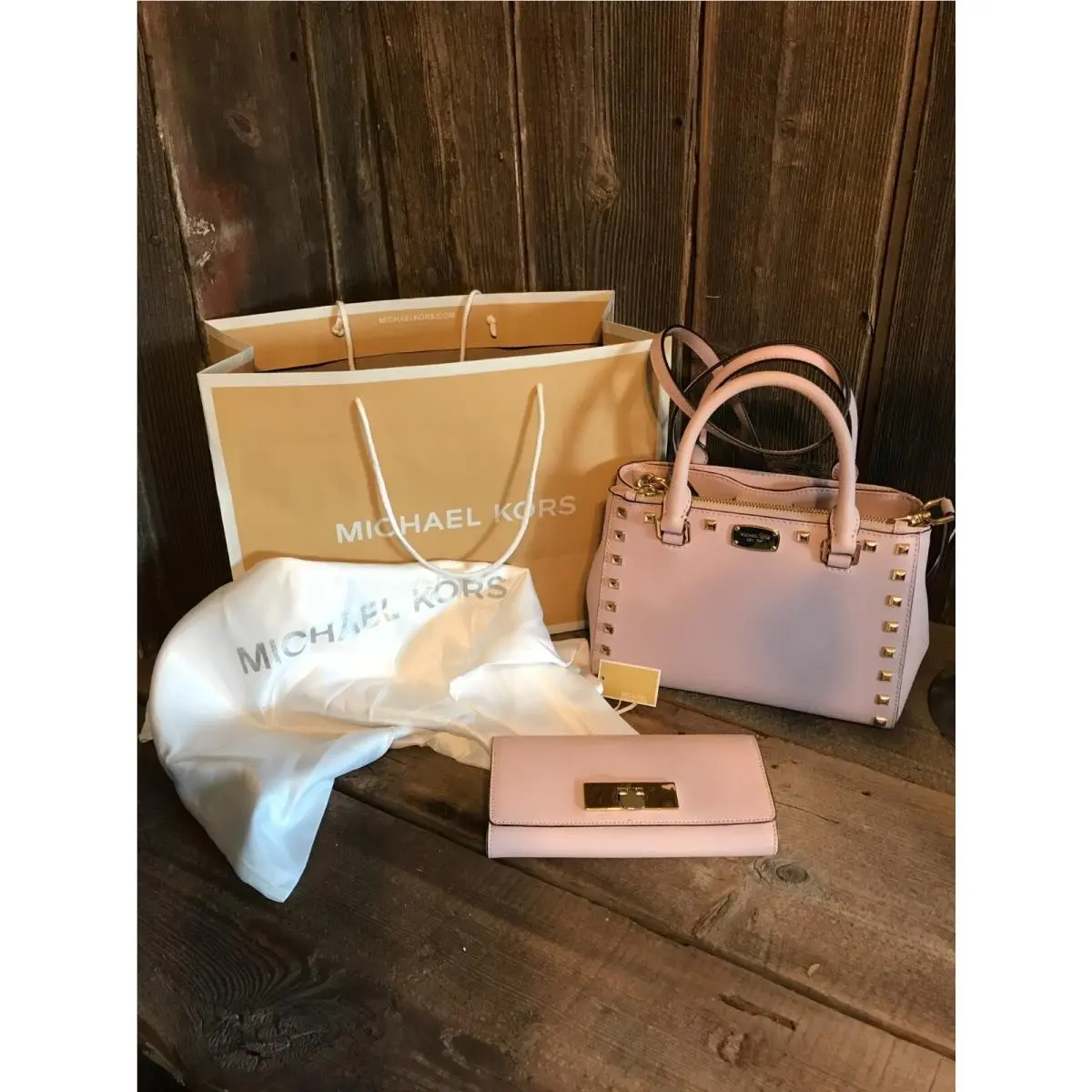 Michael Kors Kellen Studded XS Saffiano Leather Satchel Bag Blossom Wallet