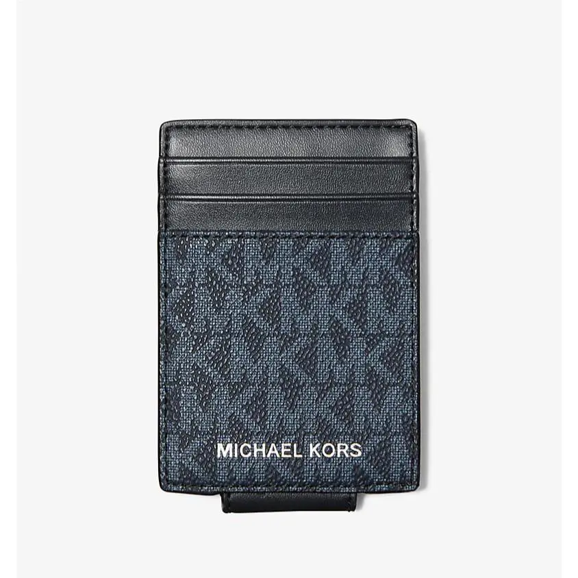 Michael Kors Cooper Signature Logo Money Clip Card Case Wallet Admiral Blue MK