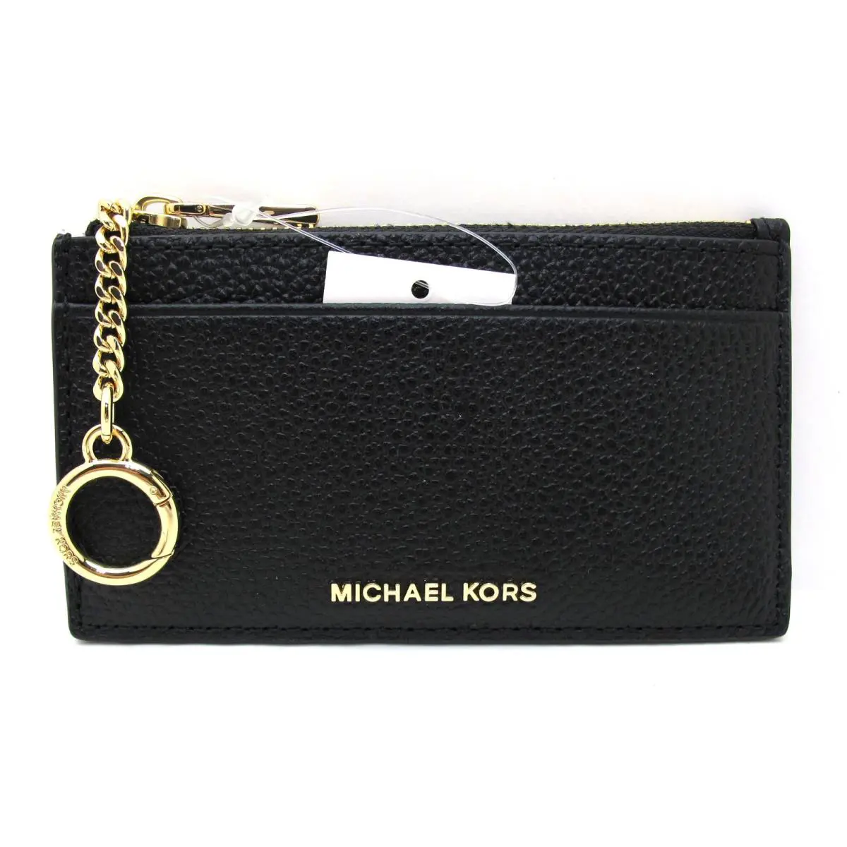 Michael Kors Jet Set Small Zip Card Case Key Ring Pebbled Leather Black/gold
