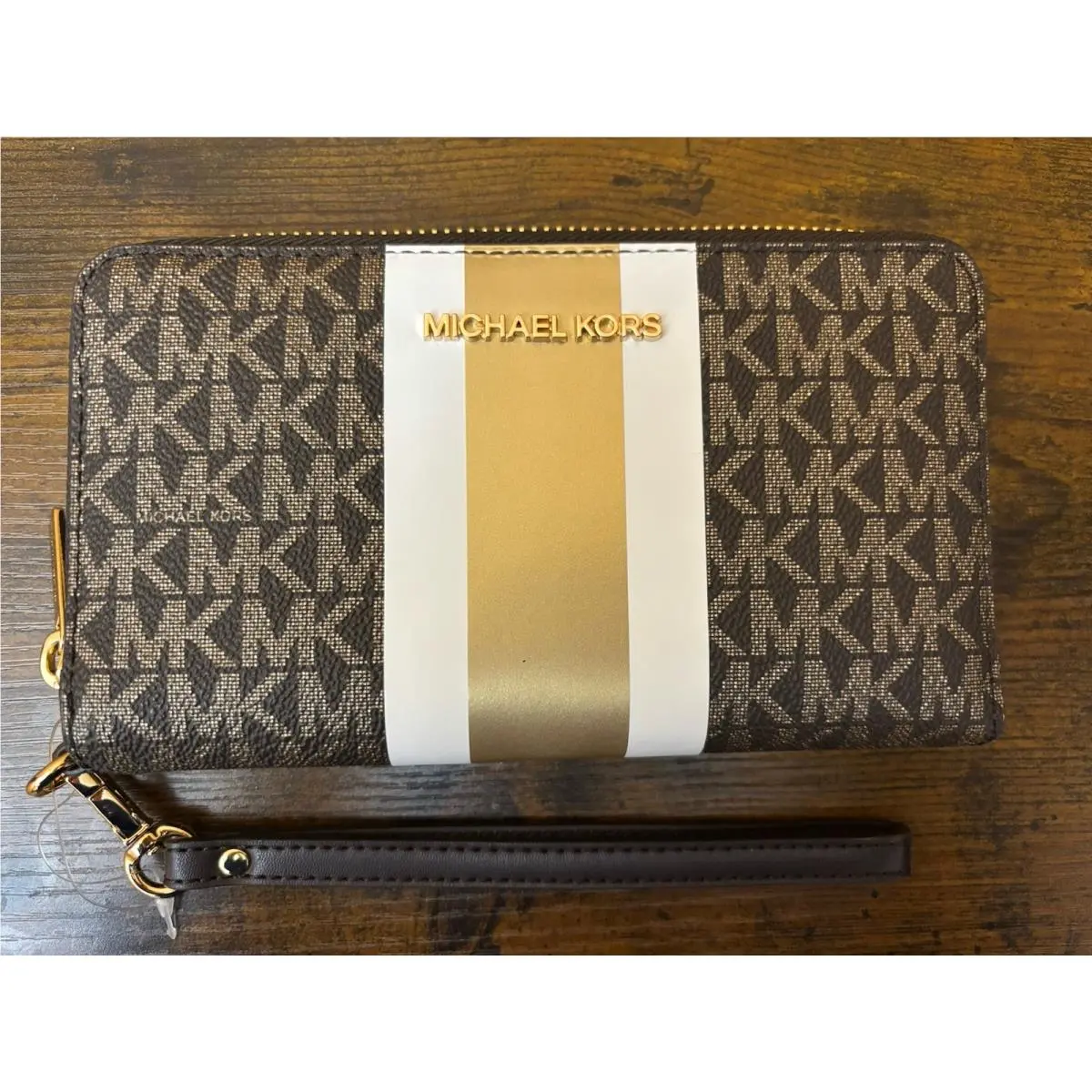 Michael Kors Jet Set Travel MK Siganture Phone Wallet Wristlet Brown Gold