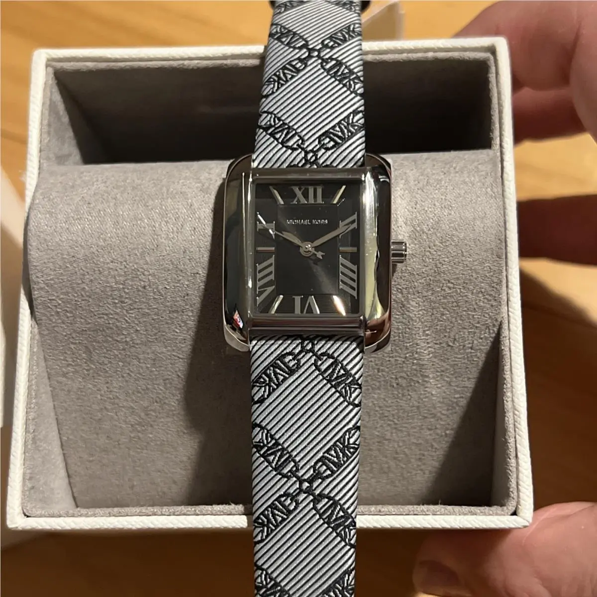 Mini Emery Silver Tone/empire Logo Michael Kors Jacquard Watch