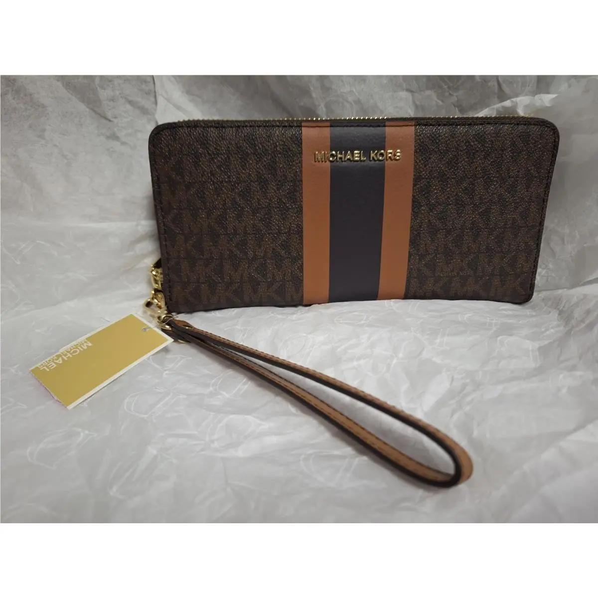 Michael Kors Signature Logo Jet Set Travel Continental Wristlet Brown Acron