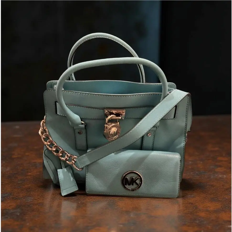 Nwtmichael Kors Leather Hamilton Aquamarine EW Satchel with Wallet Leather Tag