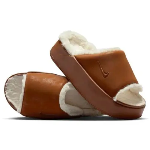 Size 9 - Nike Women`s Calm Elevation Fur Slides `light British Tan` IO0496-200 - Brown