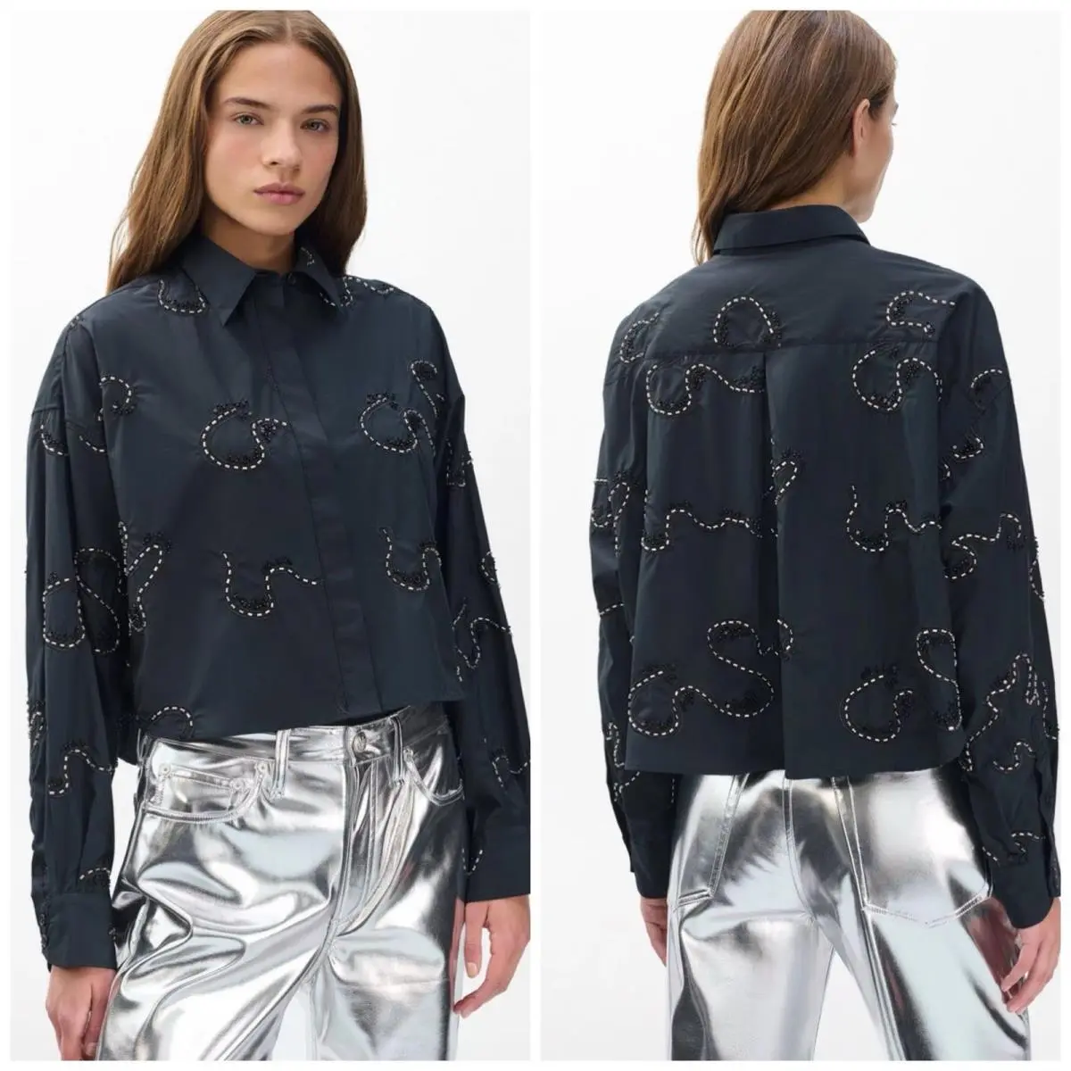 Rag Bone Beatrice Embroidered Shirt In Black Wash Size:medium