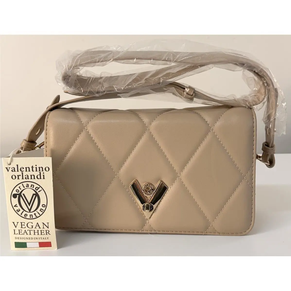 Valentino Orlandi Crossbody Purse Bag Tan Beige Vegan Leather
